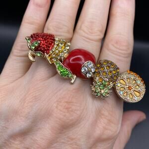 Rhinestone Crystals Multi 3 Trio Finger Ladies Statement Ring Fruit Holiday Red